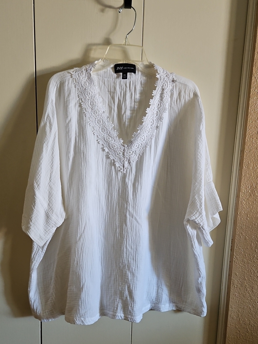 White V-Neck Lace Trim Women's Top